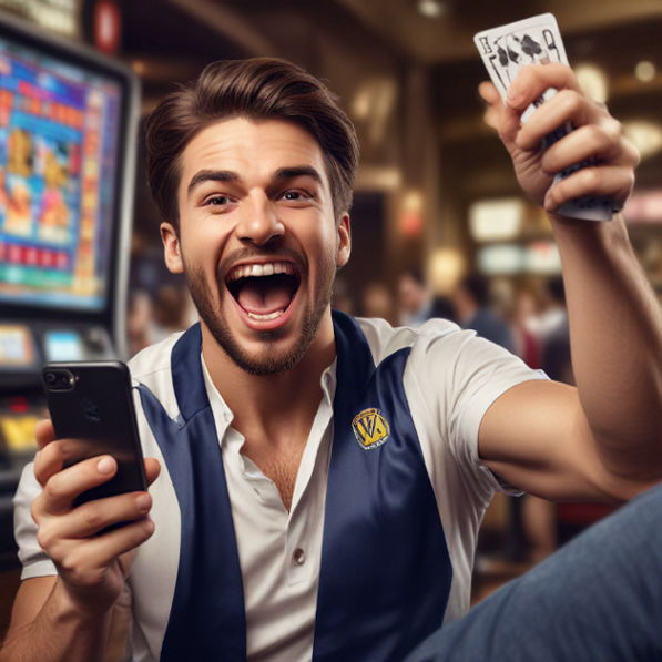 A sports fan cheering while playing Laris88 slots on a smartphone, displaying a win notification.