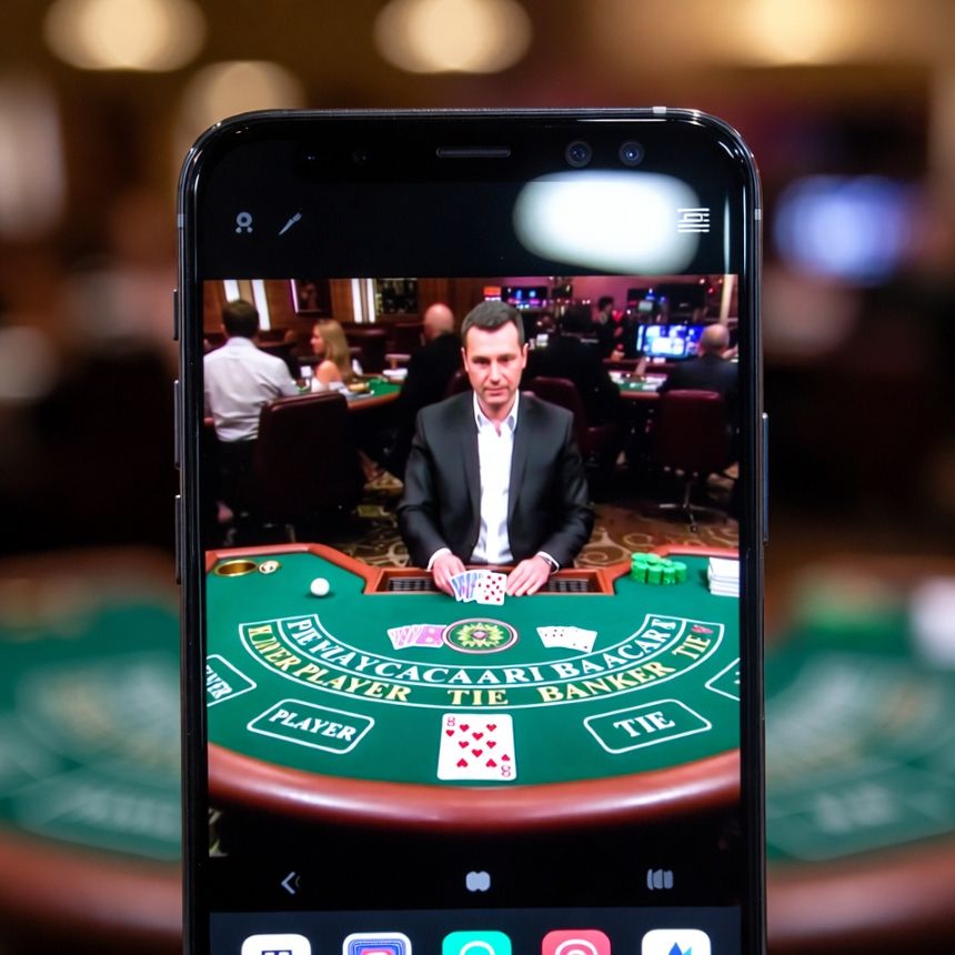 live baccarat table with a dealer on mobile phone