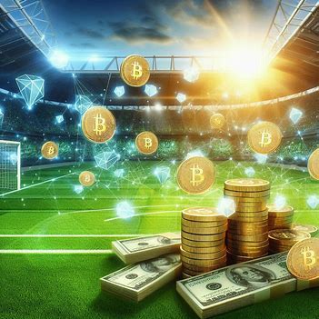 a conceptual image of digital coins versus cash over a sports field