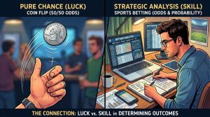 A split-screen illustration showing a coin flipping mid-air on one side and a sports bettor analyzing odds on the other