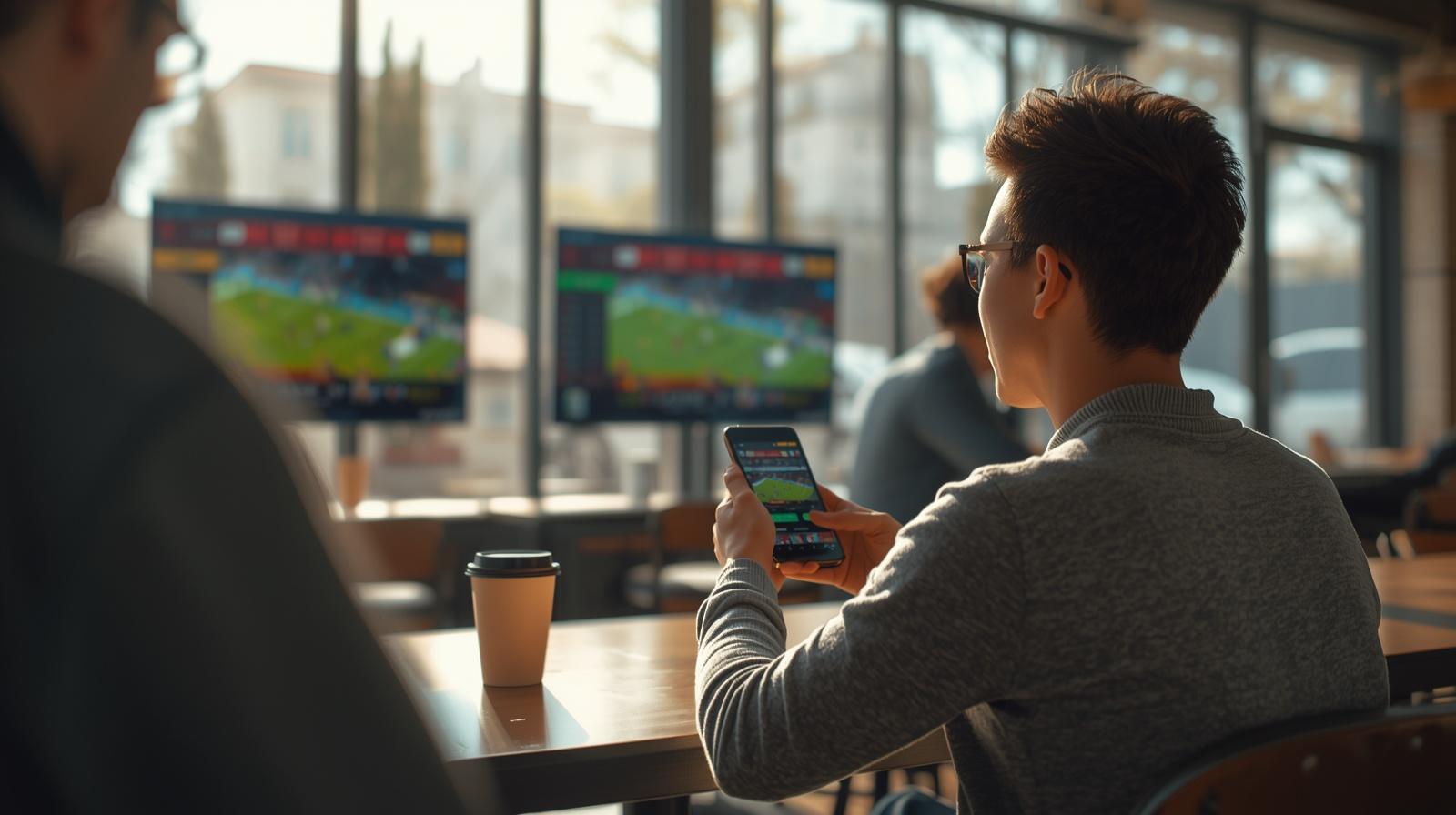 Young football fan privately watches live match inside bright relaxed neighborhood cafe.
